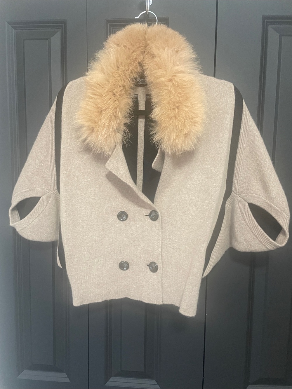 Womens Taupe Fur-Collar Short Jacket Sweater